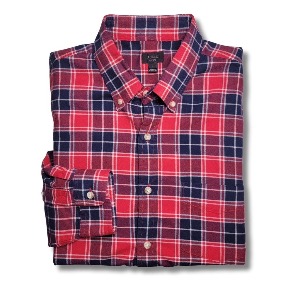 J. Crew Oxford Red & Navy Plaid Button Down L